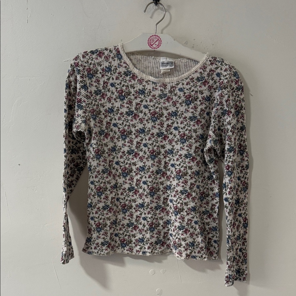 Floral Ribbed Long Sleeve Top - Cream with Pink & Blue Flowers 90’s